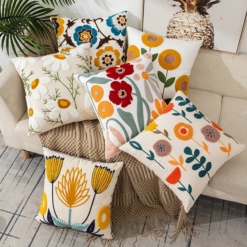 Kussenhoes 45x45cm Katoen Canvas Geborduurd Bloemen Wit Sierkussenhoes Bank Slaapkamer Landelijke Stijl Decoratief | Sansoti