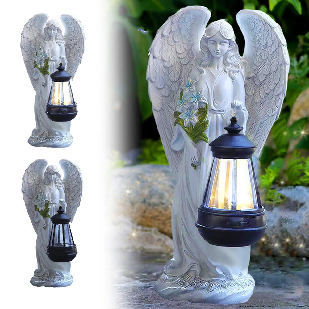 Statue d'Ange Jardin Énergie Solaire LED Lanterne 31cm Résine Automatique Extérieur Jardin Terrasse Patio Lampe d'Ambiance Étanche Blanc | Restfield