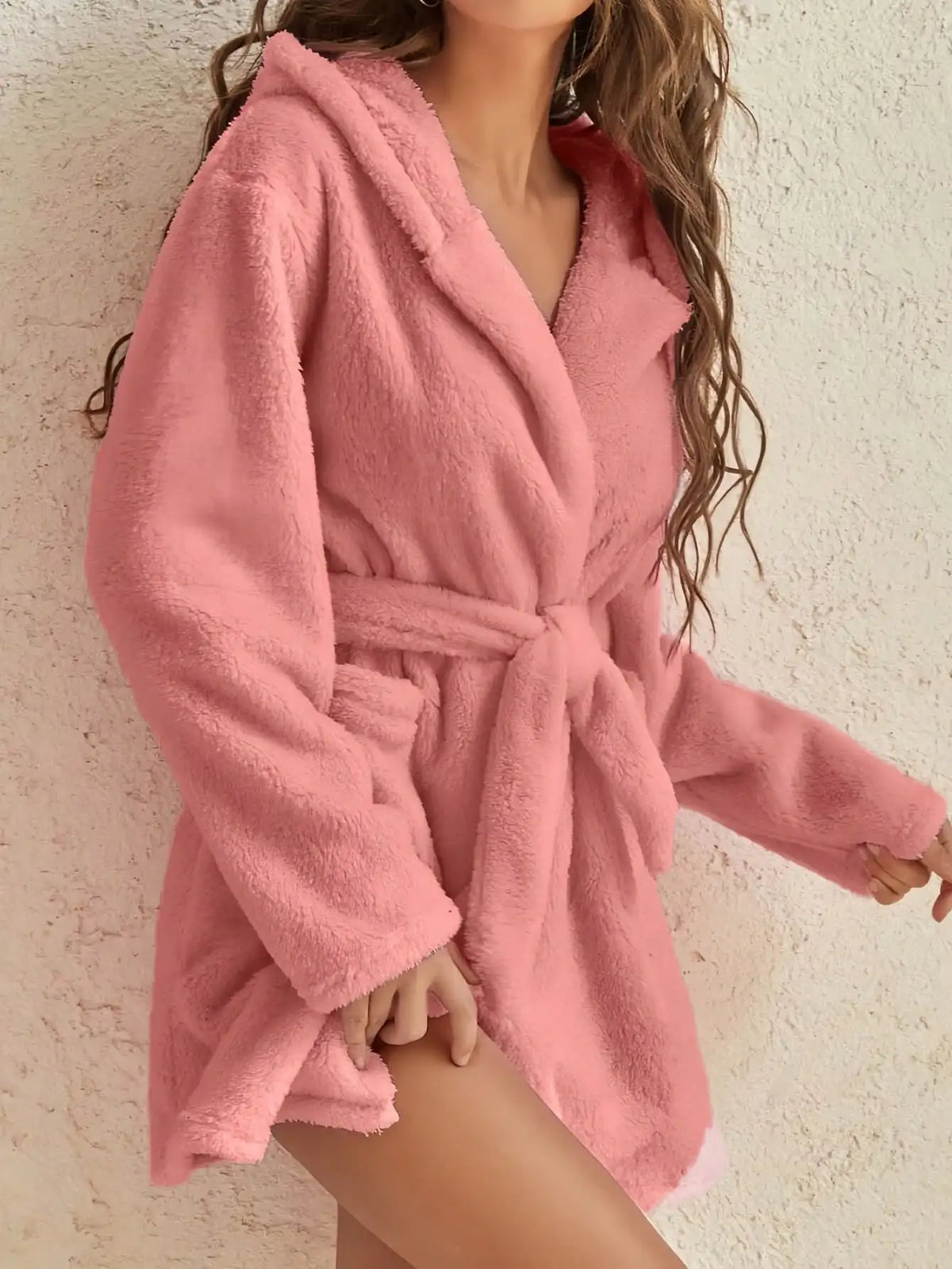 Fleece-Hausmantel für Damen mit Kapuze, Gürtel, knielang, Loungewear, warmer Bademantel, Winter-Hausmantel, Herbst, weicher Morgenmantel | Sansoti