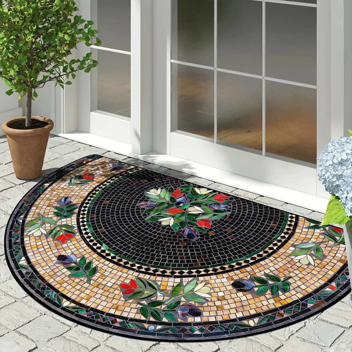 Paillasson semi-circulaire Motif mosaïque vintage Antidérapant extérieur Balcon Entrée Véranda Terrasse 60x90cm Résistant aux intempéries | Sansoti