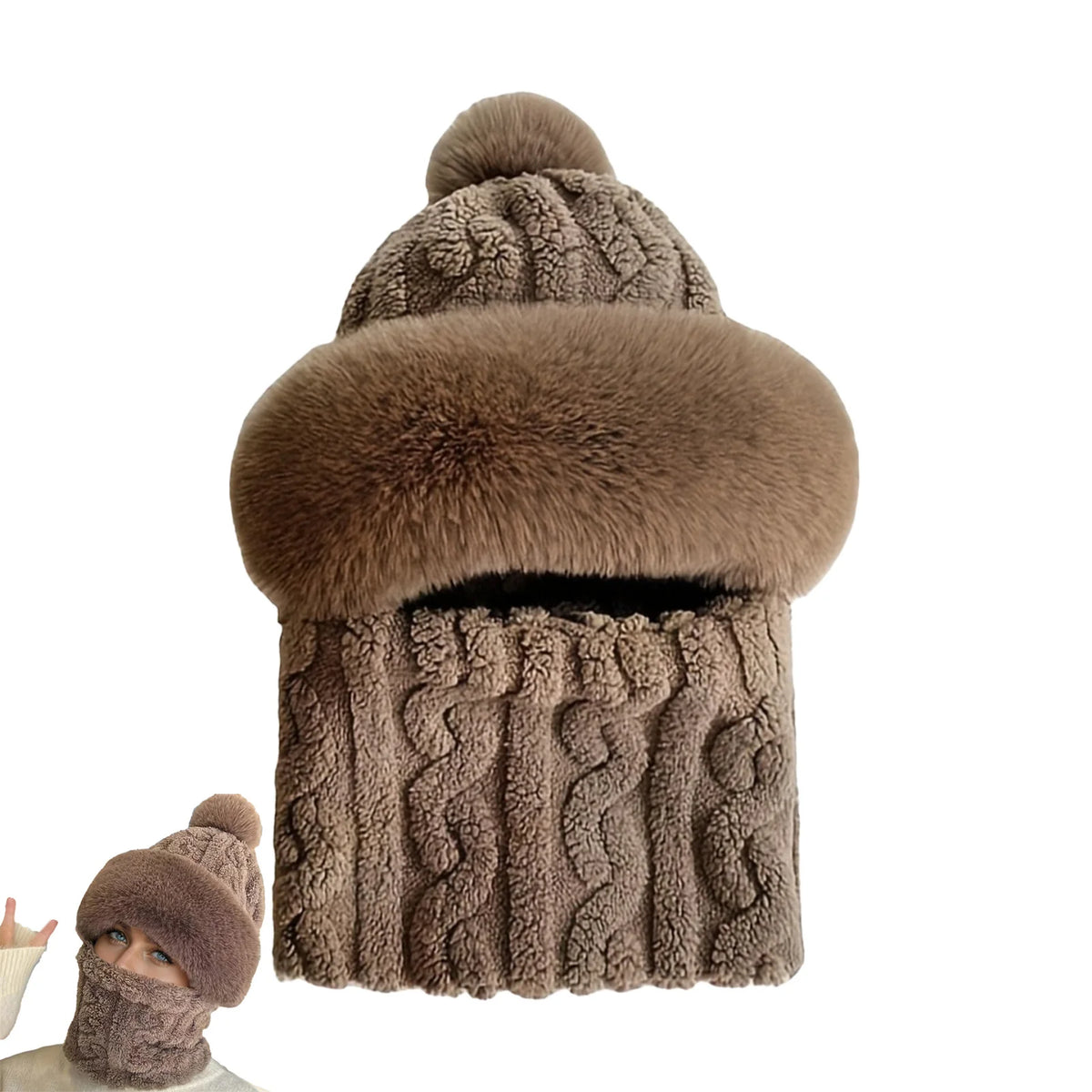 Fleece Balaclava with Pom-Pom Black Beige Khaki – Winter Hat Scarf Neck Warmer Hood Women Men Cycling | Sansoti