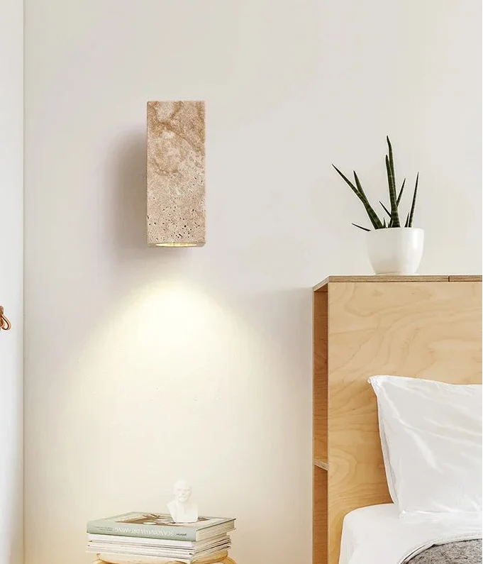 Wandleuchte aus gelbem Travertin, rund oder quadratisch, LED-Warmlicht für Schlafzimmer, Flur, Diele, Arbeitszimmer und Wohnzimmer | Sansoti