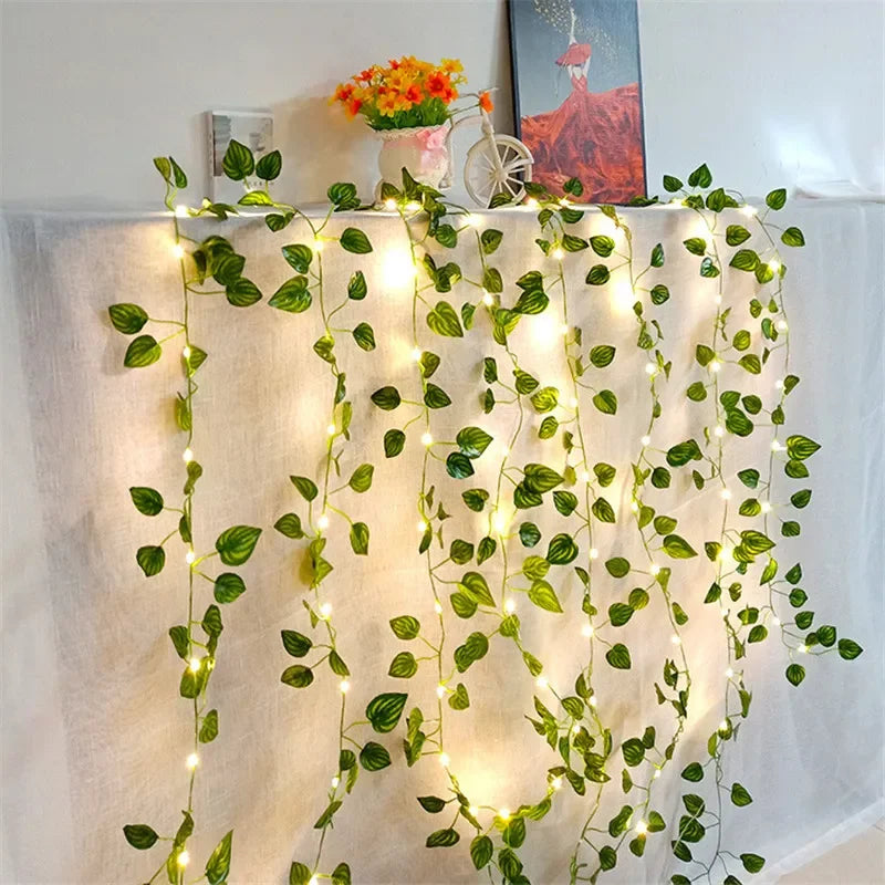 LED String Lights with Artificial Leaves 2-10m Green Vines Battery-Powered Ambient Lighting Decorative Garland Indoor Outdoor | Sansoti