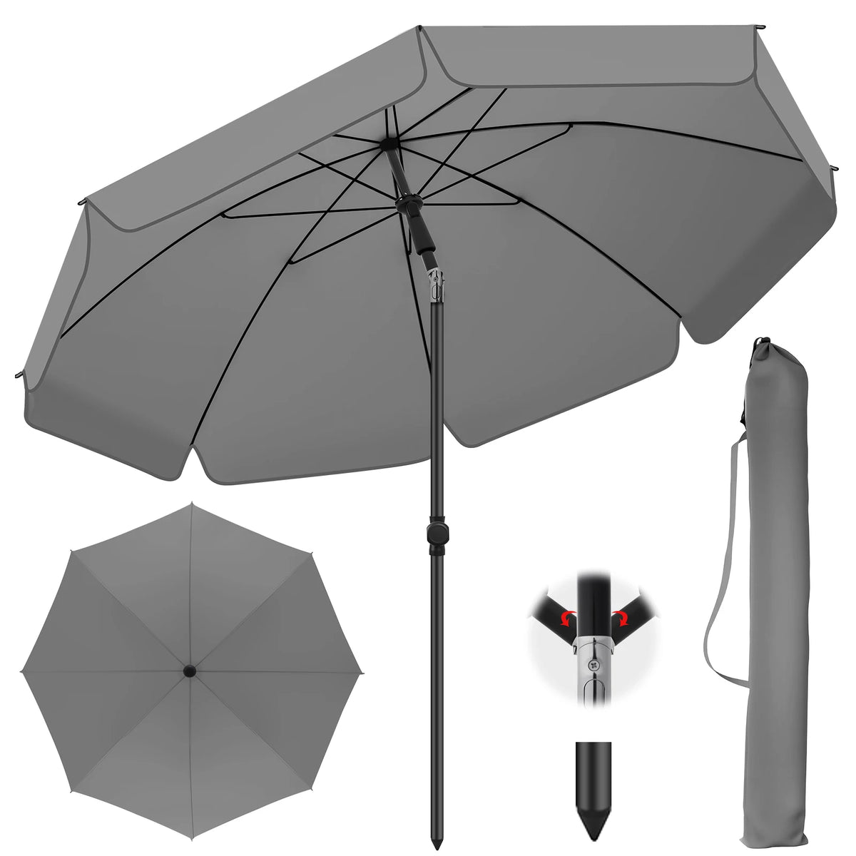 Tilting Outdoor Parasol 200cm UV-Protective with Carry Bag Adjustable Sunshade for Garden Beach Patio Balcony | Sansoti