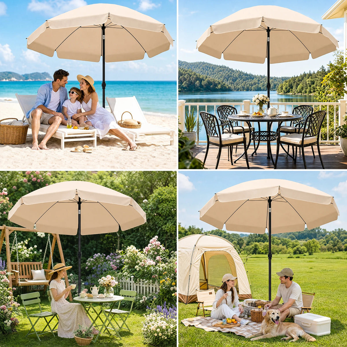 Tilting Outdoor Parasol 200cm UV-Protective with Carry Bag Adjustable Sunshade for Garden Beach Patio Balcony | Sansoti