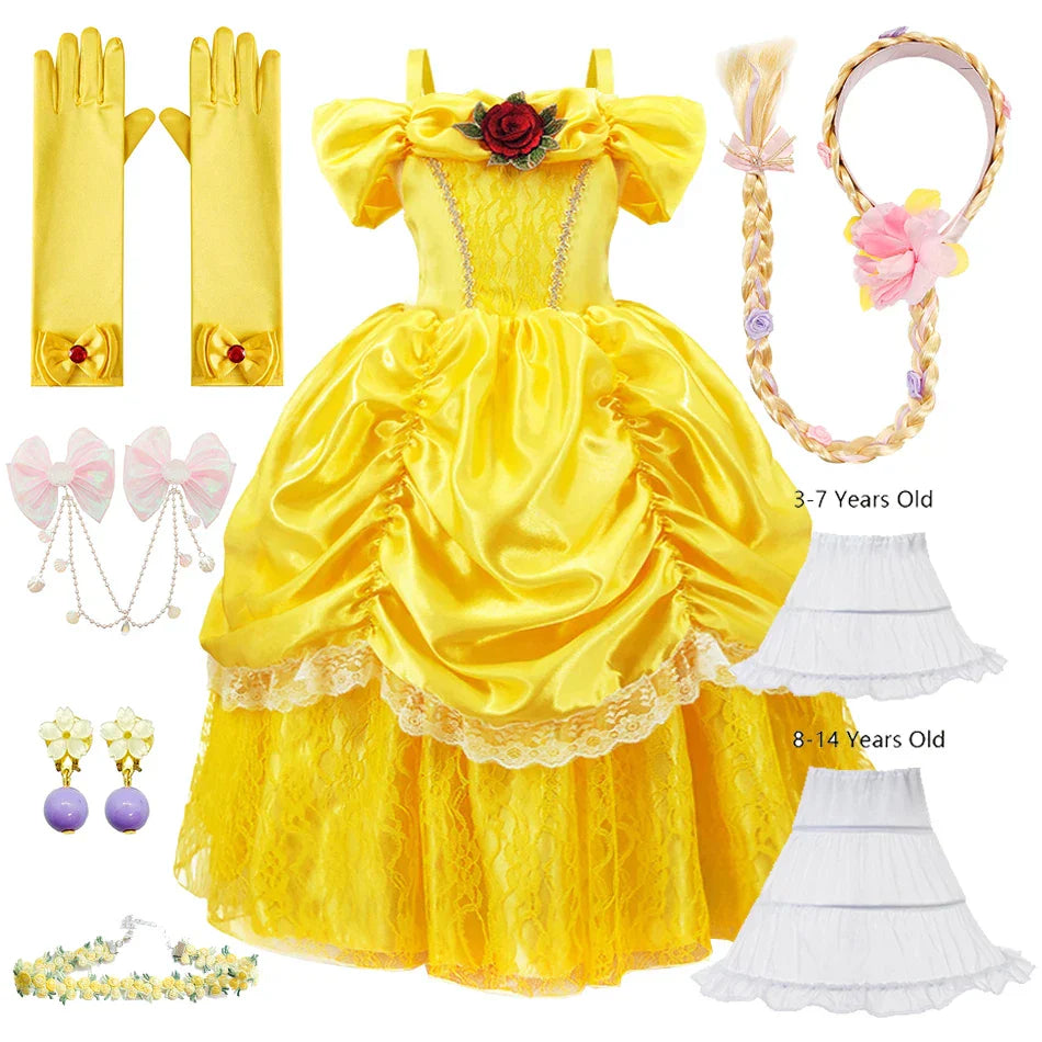 Prinsessenjurk voor Kinderen Cosplay Kostuum met Tiara en Accessoires Geel | Sansoti