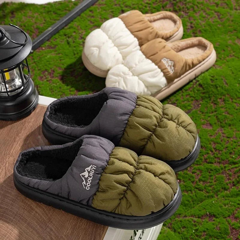 Lange Pluche Dikke Warme Winter Slippers Vrouwen Waterdichte Down Outdoor Slippers Unisex Mix Kleur Antislip Katoenen Schoenen Vrouw Comfy