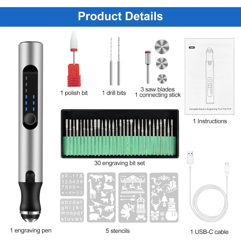 Cordless Engraving Pen with 37 Bits, USB Rechargeable, for Precision Work on Metal, Glass, Wood, and Ceramic, DIY Hobbies | Sansoti