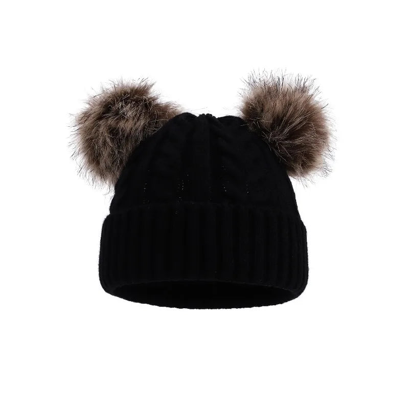 Gebreide Wintermuts met Dubbele Pompons voor Dames Warm Outdoor Accessoire Rekbaar Effen Kleur Casual | Sansoti