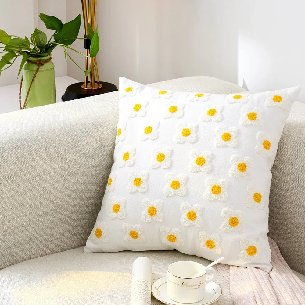 Kussenhoes 45x45cm Katoen Canvas Geborduurd Bloemen Wit Sierkussenhoes Bank Slaapkamer Landelijke Stijl Decoratief | Sansoti