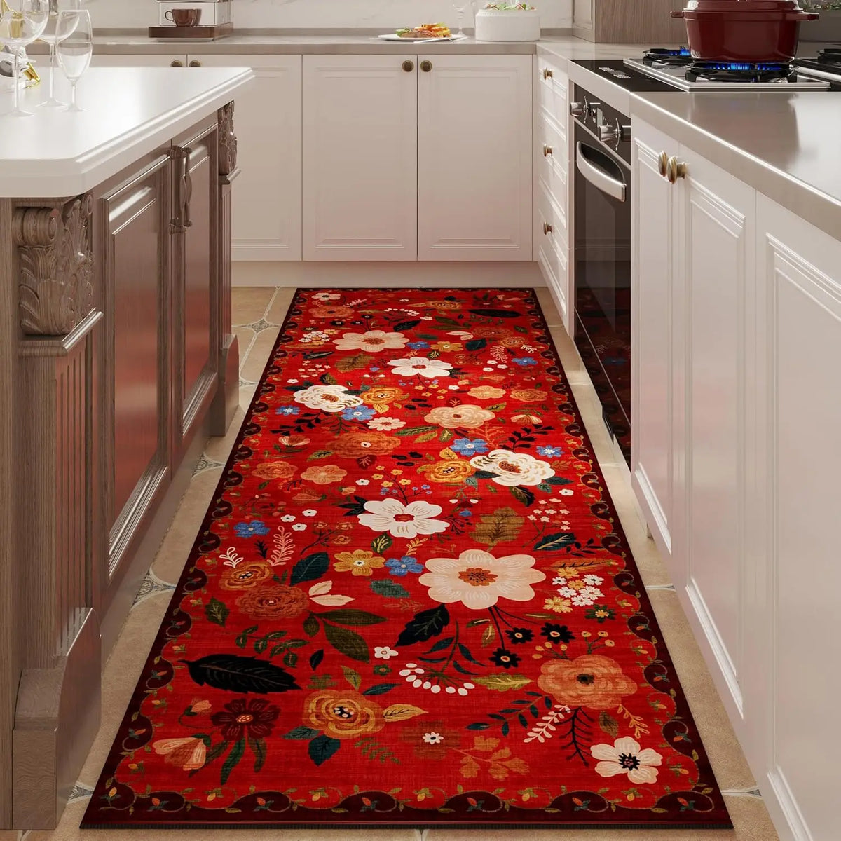 Tapis de couloir antidérapant à motif floral, en polyester, lavable, avec dessous en caoutchouc, pour couloir, cuisine, entrée et salon, décoratif | Sansoti