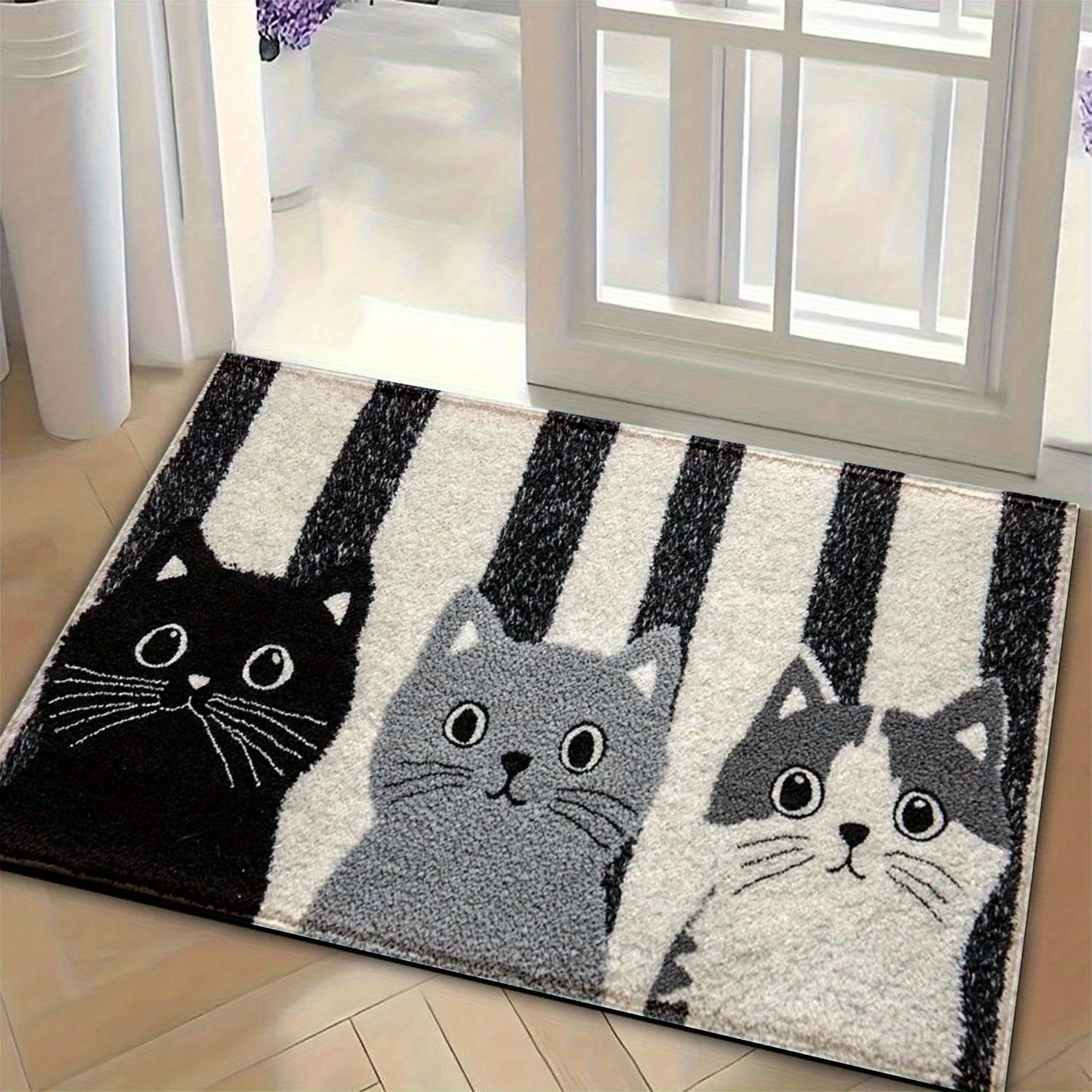 Paillasson Cartoon Chats PVC Noir Blanc Rayé 60x90cm Antidérapant Étanche Tapis de Sol Chambre Salon Hall Paillasson Extérieur | Restfield