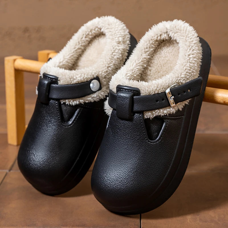 Warme Pantoffels met Pluche Voering Dames Winterslippers Indoor EVA Antislip Zool Metalen Gesp Comfort | Sansoti