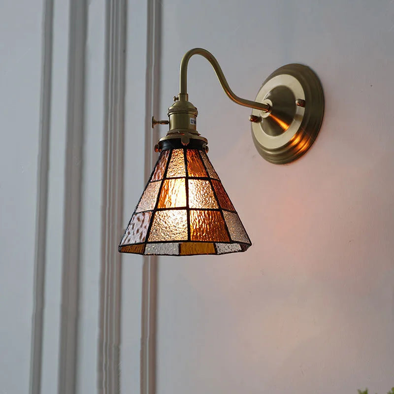 Tiffany Wandlamp Gebrandschilderd Glas E27 Messing Retro Slaapkamer Woonkamer Gang Vintage Wandverlichting Knopschakelaar | Sansoti