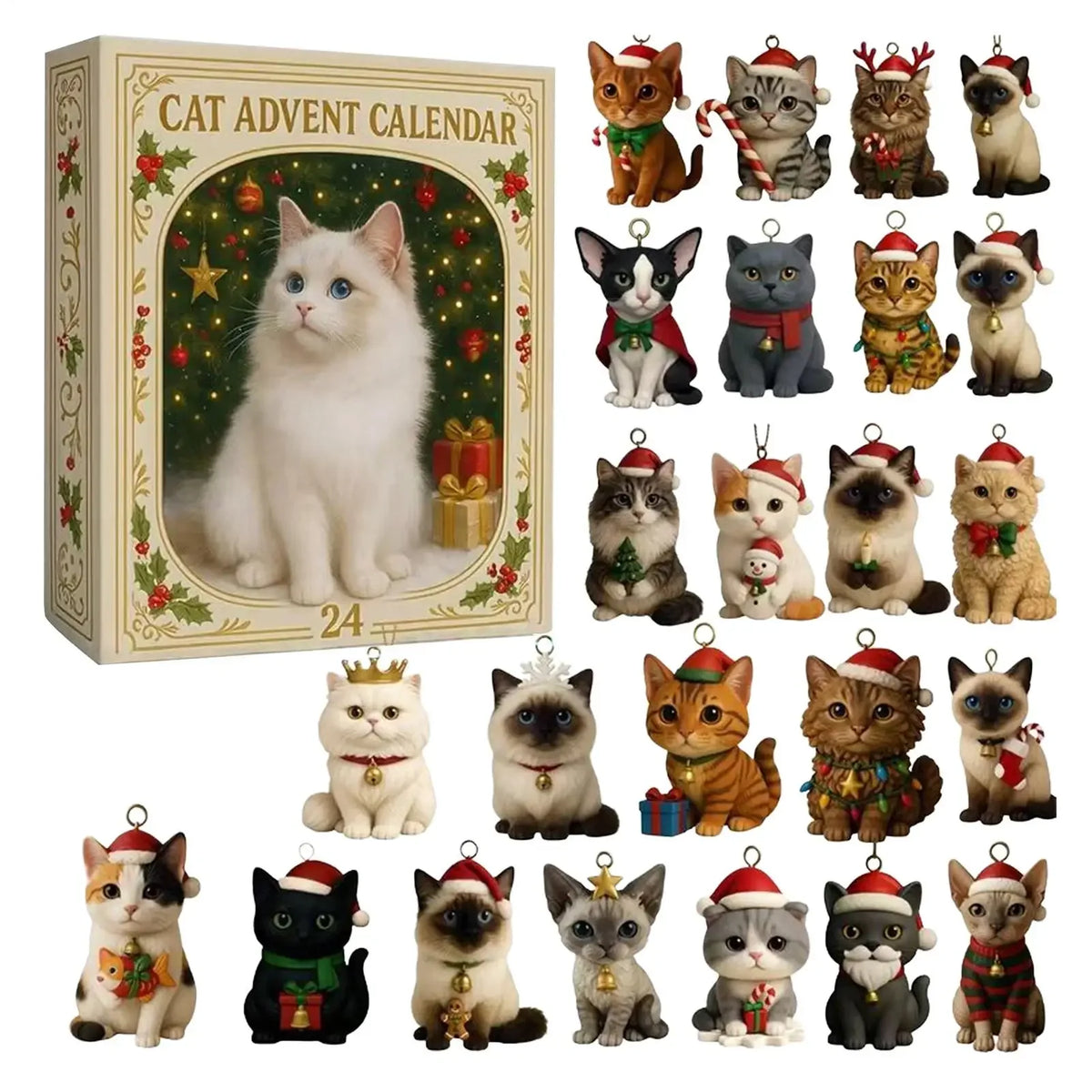 Adventskalender 2026, 24 dagen kerstcountdown, 24 stuks 2D acryl schattige kittenornamenten, kerstboomdecoraties, kerstverrassing cadeau voor kattenliefhebbers