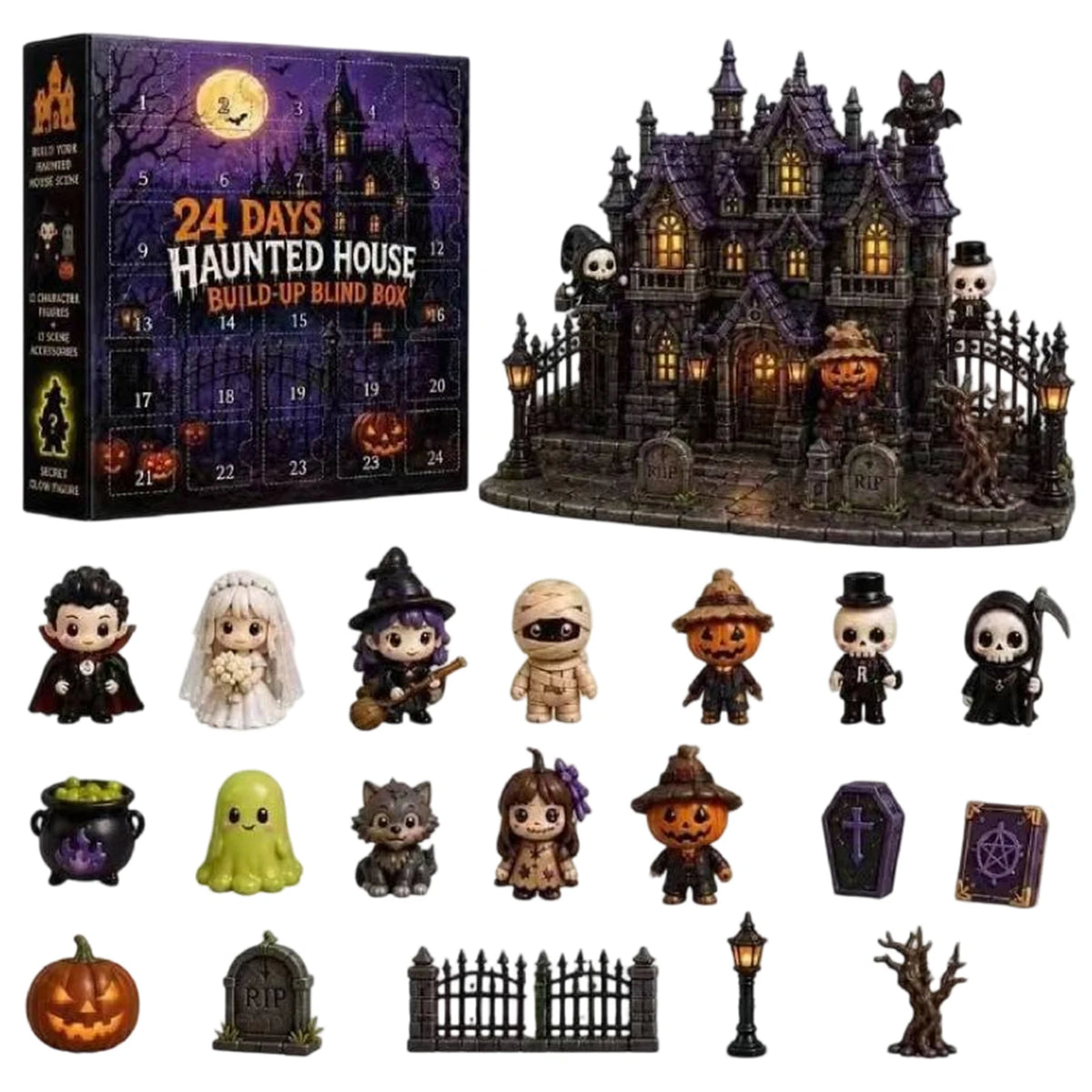 Adventskalender Halloween 24 Vakken PVC Figuren Spookhuis Thema Decoratie Countdown Kinderen Verzamelbaar | Sansoti
