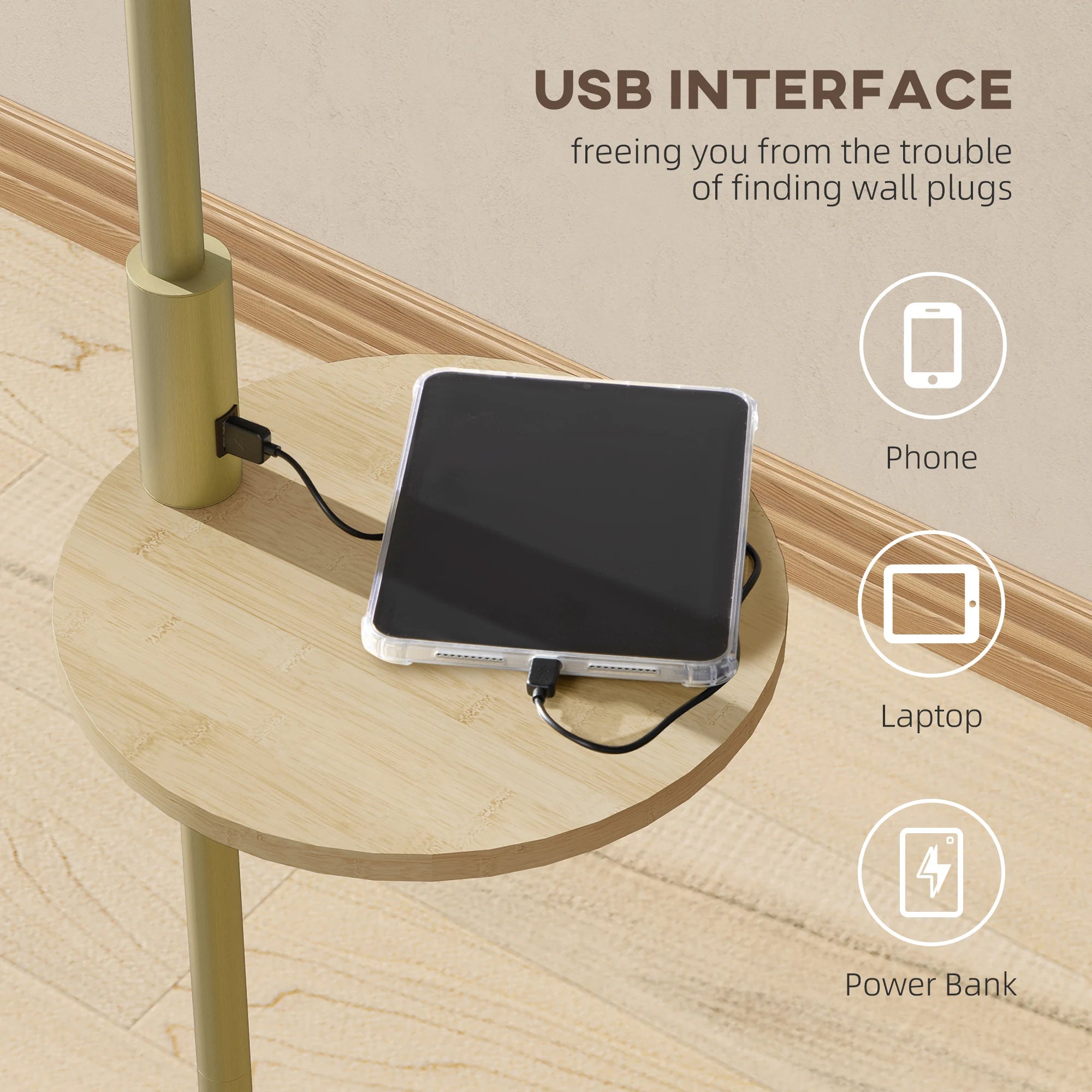 Booglamp Vloerlamp Met Plank En USB Poort Goud Metaal 170cm | Sansoti