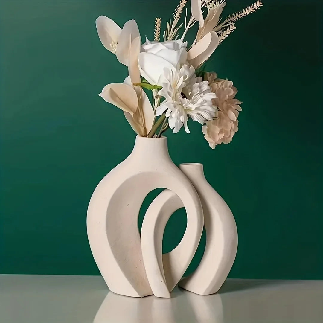 Keramische Vaas Set 2 Stuks Wit Boho Modern Woonkamer Decoratie Droogbloemen Minimalistisch Interieur | Sansoti