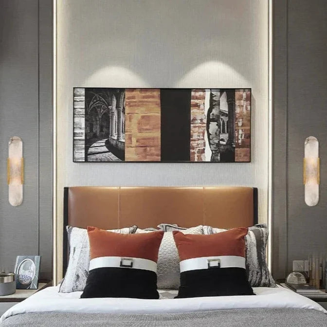 Wandleuchte aus Naturstein mit schwarzem und goldenem Metallschirm 35 cm 50 cm LED-Beleuchtung für Schlafzimmer und Wohnzimmer | Sansoti