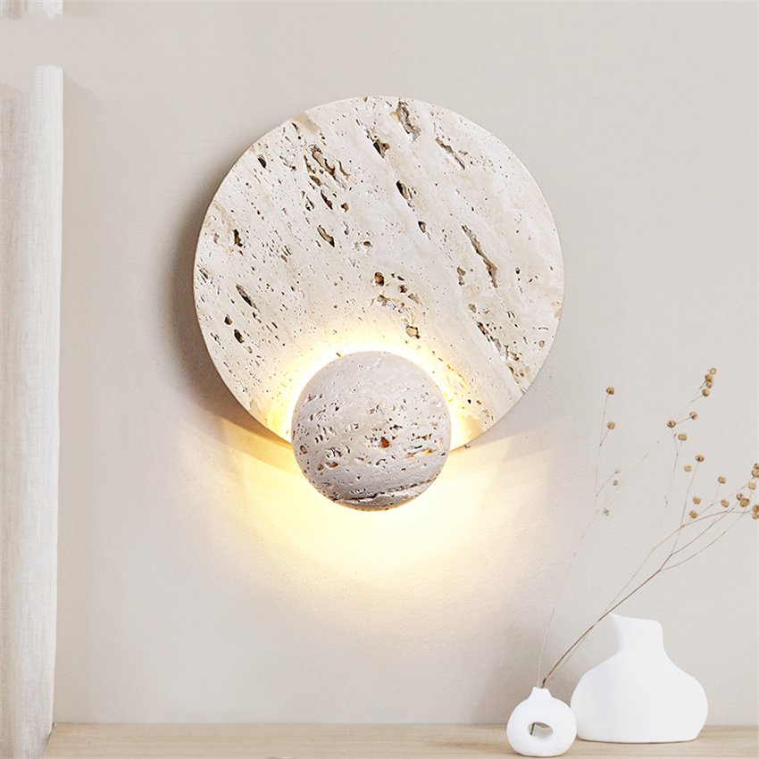 Japandi Wandlamp Travertijn Rond Eclipse Bol Warm Licht Slaapkamer Woonkamer Natuursteen | Sansoti