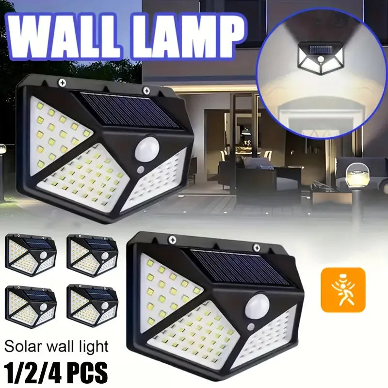 Zonne-energie Wandlamp Buiten 100 LED Bewegingssensor Waterdicht IP65 Zwart Veiligheidsverlichting Tuin | Sansoti