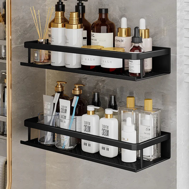 Wandplank Aluminium Douche Zwart Mat - Ventilerend Opbergrek Badkamer Doucheplank voor Shampoo Scheergerei | Sansoti