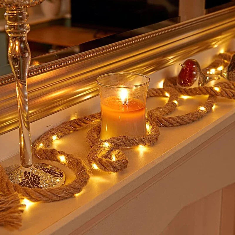 Natural Decorative Hemp Rope with Integrated LED Light String Warm White 4.5 m Rustic Ambient Light Garland for Indoor and Outdoor | Sansoti