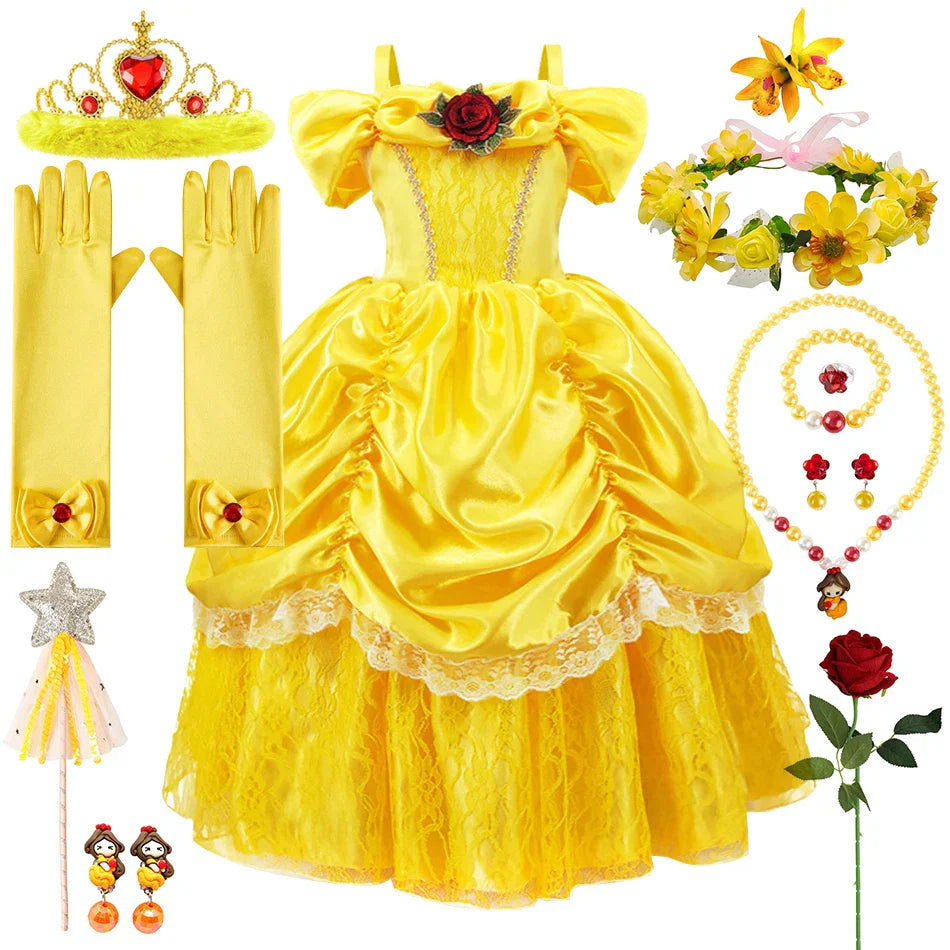 Prinsessenjurk voor Kinderen Cosplay Kostuum met Tiara en Accessoires Geel | Sansoti