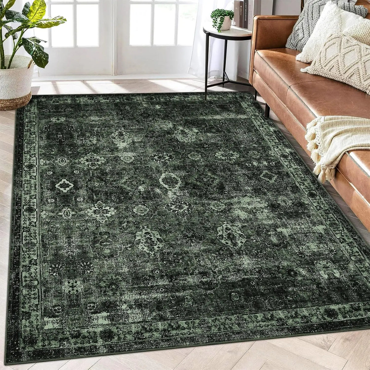 Tapis vintage à poils courts antidérapant lavable gris beige vert style bohème, chemin de tapis pour entrée, chambre et cuisine | Sansoti