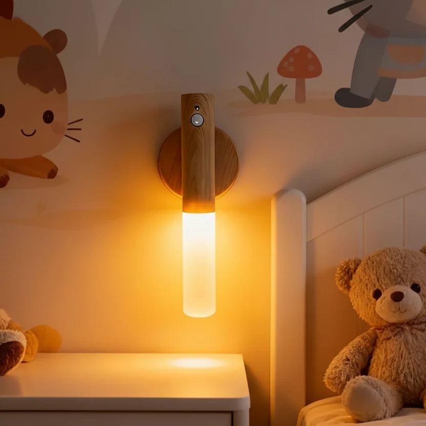 Bewegingssensor wandlamp LED oplaadbaar walnoot wit downlight slaapkamer gang badkamer modern verlichting | Sansoti