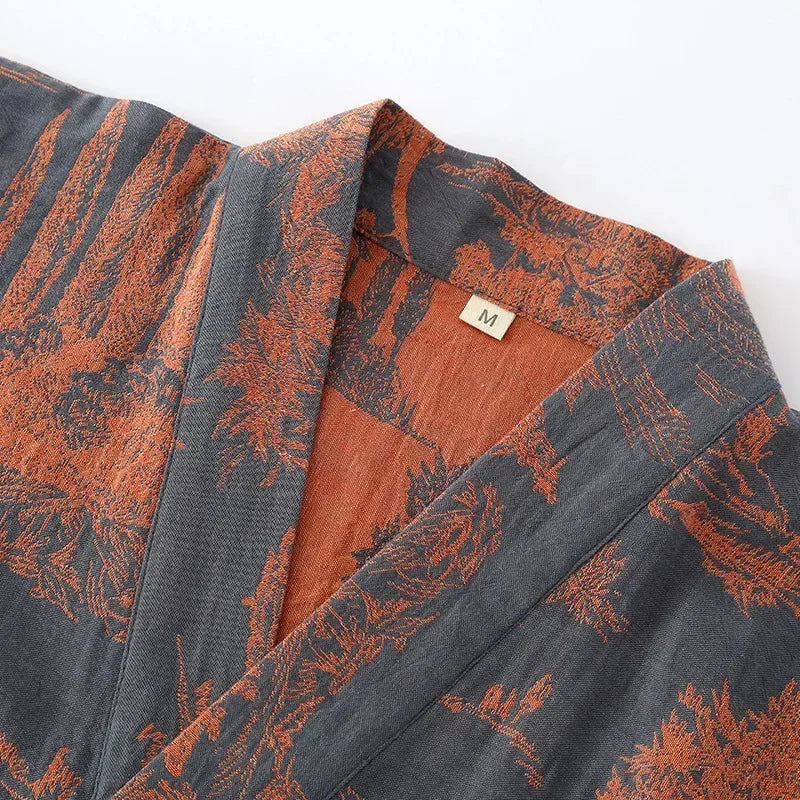 Katoenen Kimono Ochtendjas voor Mannen Lange Badjas Lichtgewicht Huisjas met V-hals Bedrukt Katoen Loungewear | Sansoti