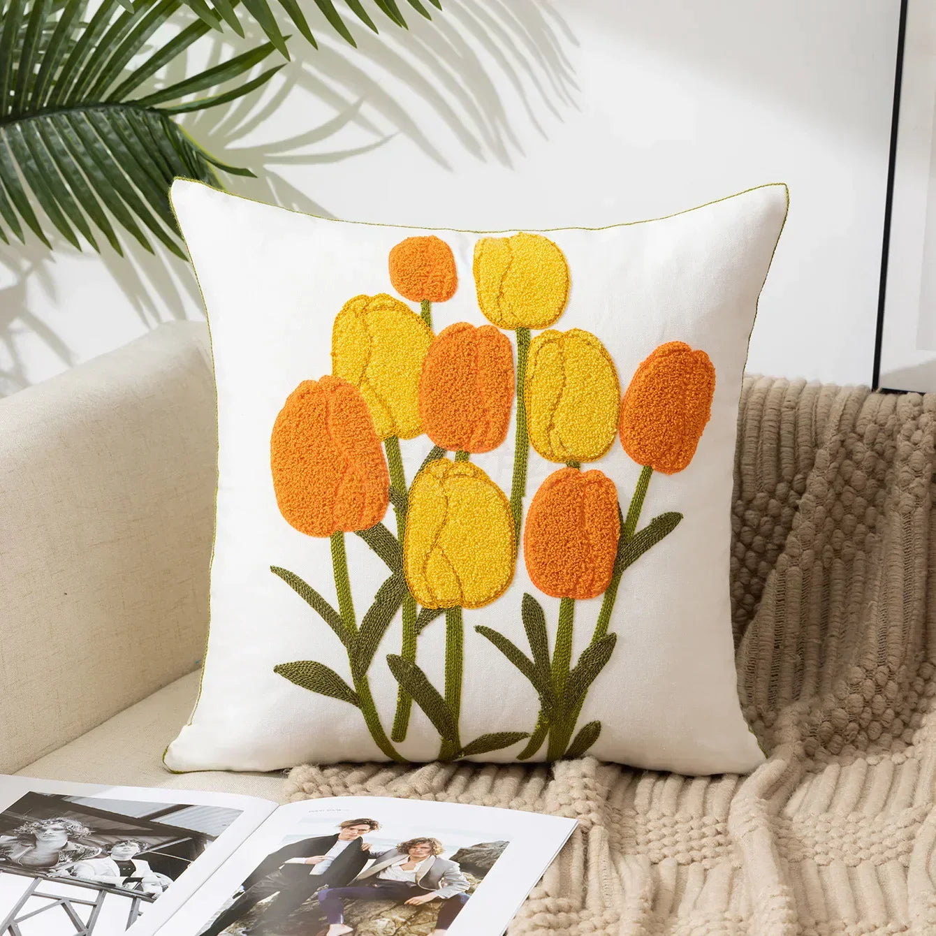 Kussenhoes 45x45cm Katoen Canvas Geborduurd Bloemen Wit Sierkussenhoes Bank Slaapkamer Landelijke Stijl Decoratief | Sansoti