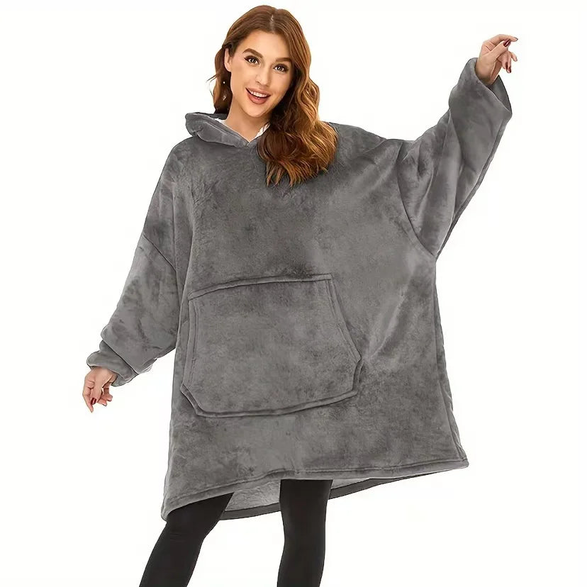 Wendbare Kapuzendecke aus Fleece, tragbar, mit Tasche, Oversized-Hausanzug, Loungewear, bequeme Hauskleidung | Sansoti