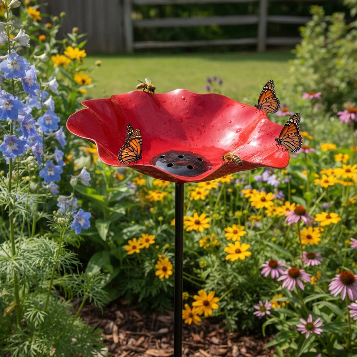Metal Birdbath Garden Stake with Flower Design Drinking Bowl for Pollinators Weather-Resistant Garden Decoration | Sansoti