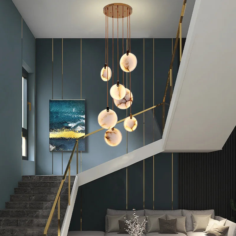 Spiraalkroonluchter Albast Goud Dimbaar Hoge Ruimtes Trap Hal Boven Tafel Villa Entree LED Verlichting | Sansoti