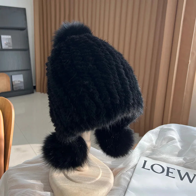 Knitted Fur Hat with Pom-Pom for Women, Warm Winter Hat with Ear Warmers, Spiral Pattern, Luxury Winter Accessory | Sansoti
