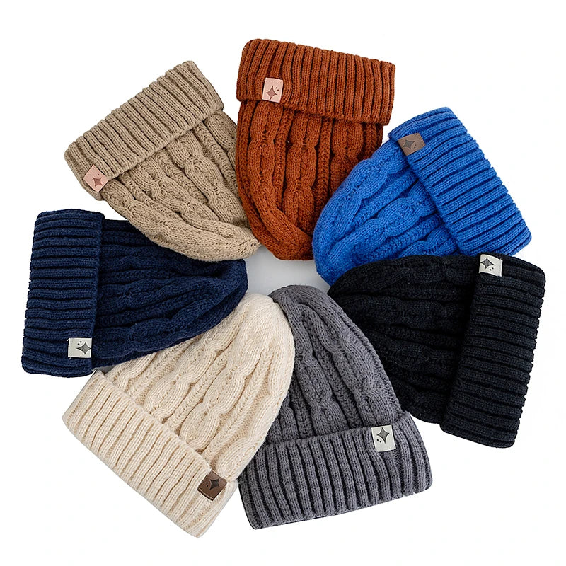 Knitted Winter Hat Unisex Soft Acrylic Beanie Star Pattern Warm Headwear 56-60cm Casual Outdoor | Sansoti