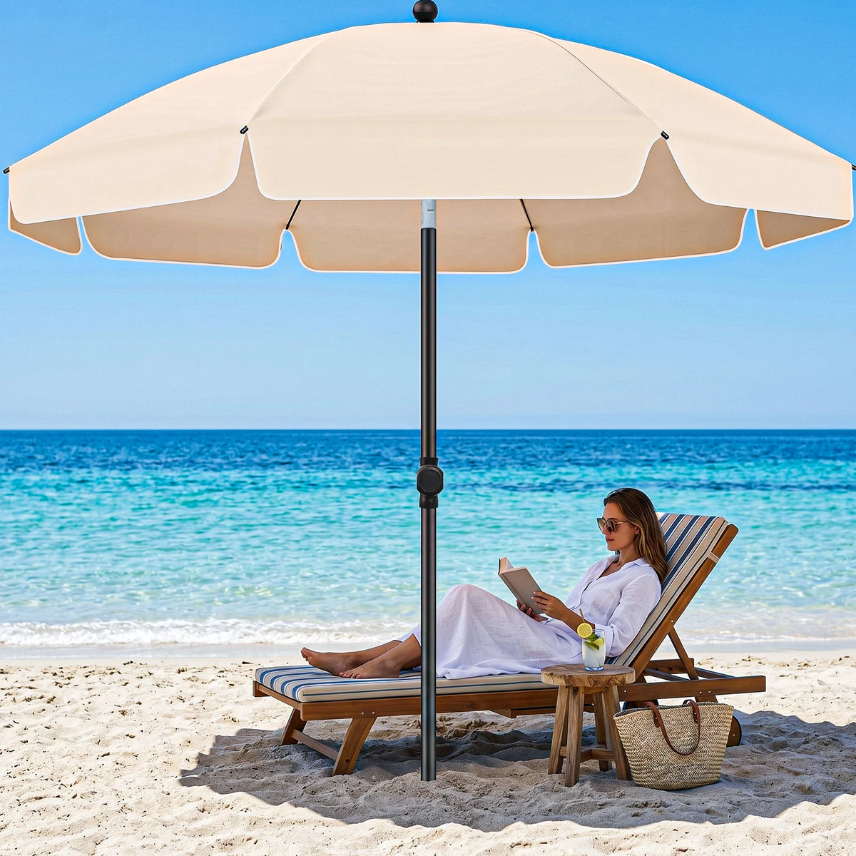 Tilting Outdoor Parasol 200cm UV-Protective with Carry Bag Adjustable Sunshade for Garden Beach Patio Balcony | Sansoti