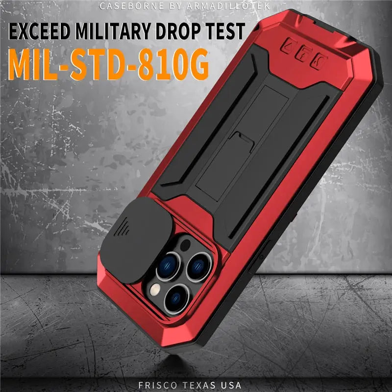 Phone Case with Integrated Screen Protector for iPhone 14 13 Mini Pro Max Rugged Military Black Red | Sansoti