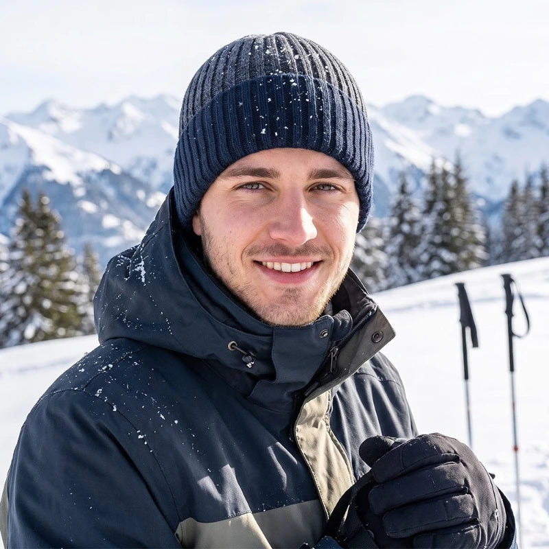 Gebreide Wintermuts Heren met Fleece Voering Ribpatroon Beanie Thermisch Warm Skimuts Outdooractiviteiten | Sansoti