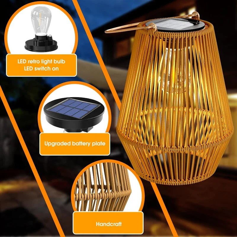 Rotan Solar Lantaarn met LED Verlichting voor Tuin en Terras - Waterdicht IP65 met Automatische Schemersensor | Sansoti