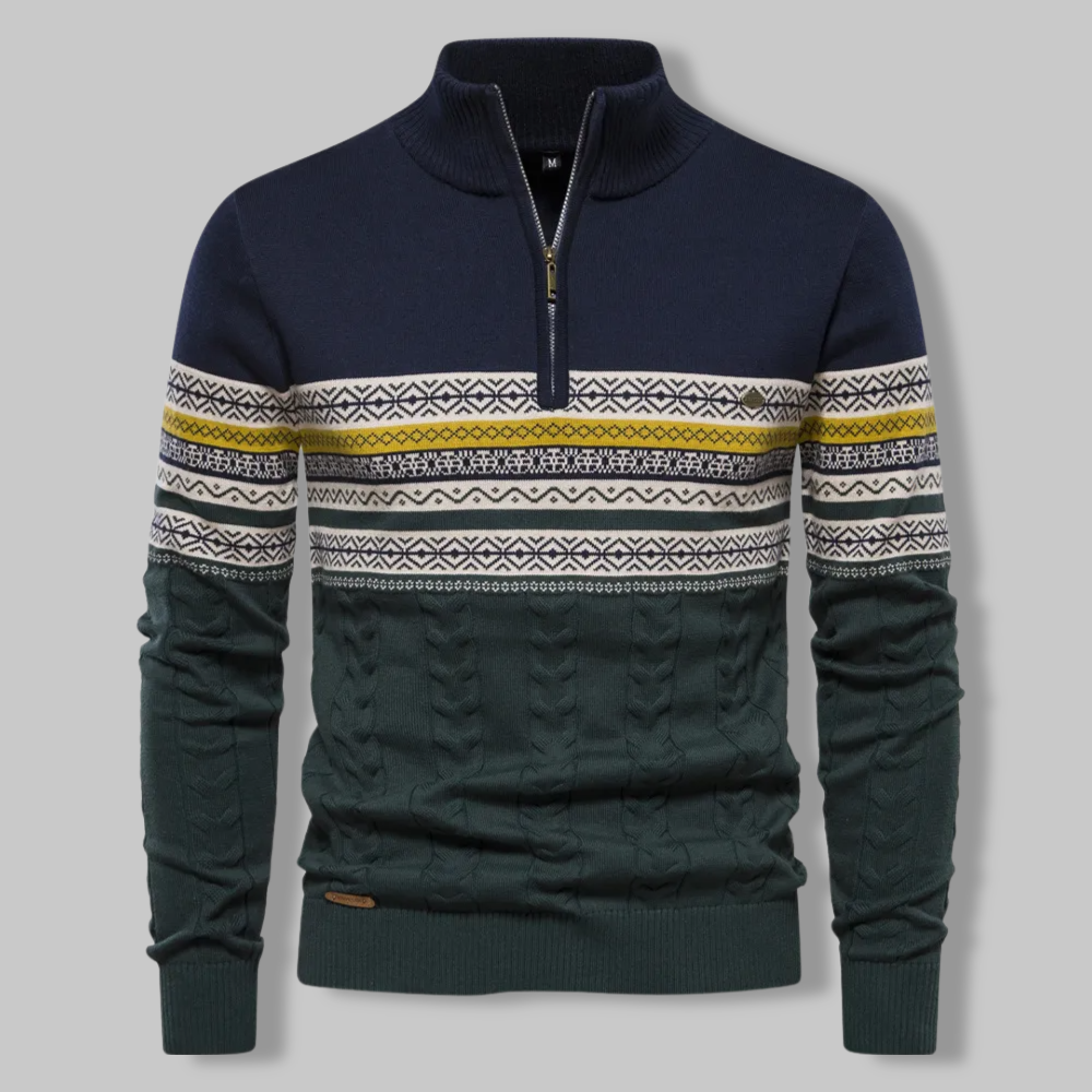 Herren-Zopfpullover mit Viertelreißverschluss, Alpenweiß, Dunkelblau, Bordeauxrot, Fair-Isle-Strickmuster, Wolle, warm, Winterkomfort | Sansoti