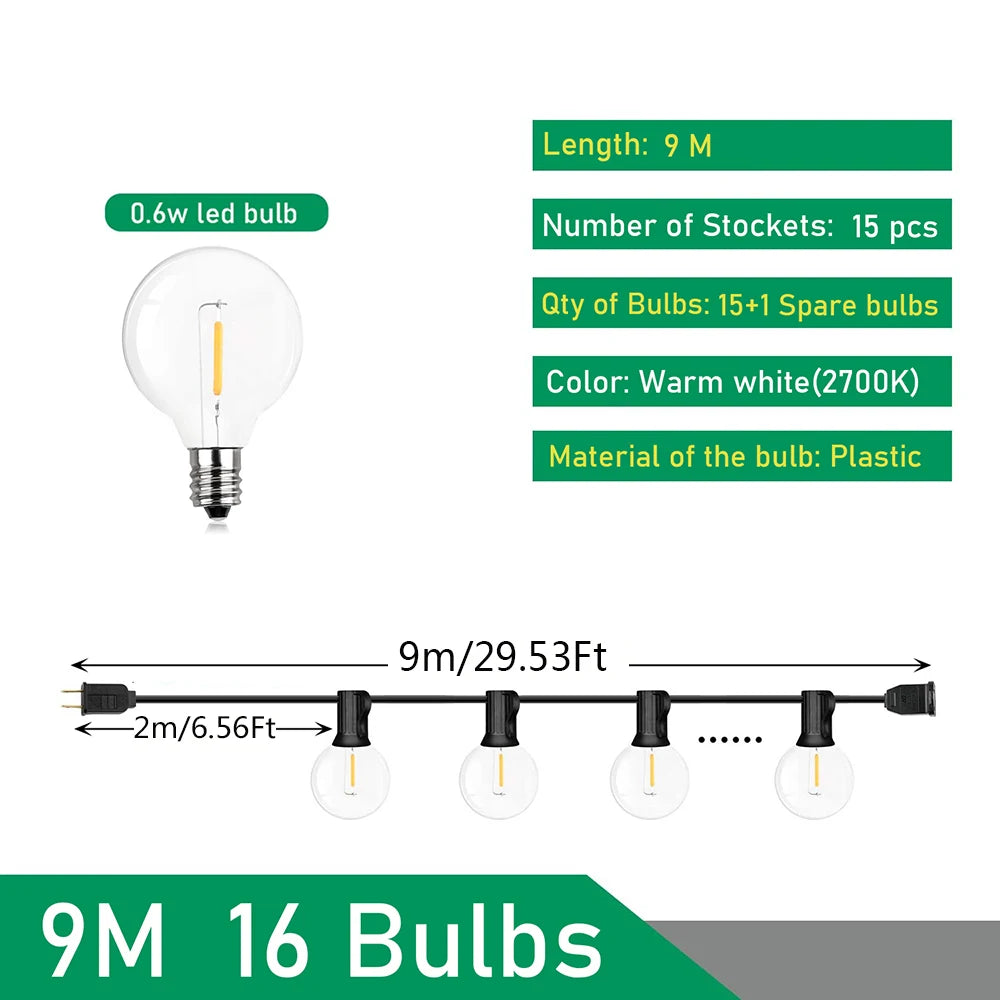 LED Festoen Lichtsnoer Bol G40 Warm Wit Tuin Feest Bruiloft Decoratie Outdoor Sfeerlicht Verlichting 9-26M | Sansoti