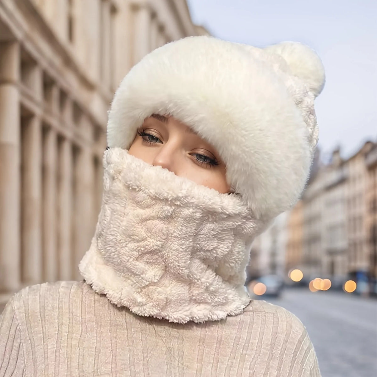 Winterbalaclava, warme fleece voering, capuchon, sjaal en muts voor dames en heren, met pompon, als nekwarmer, geschikt voor koud weer en fietsen.