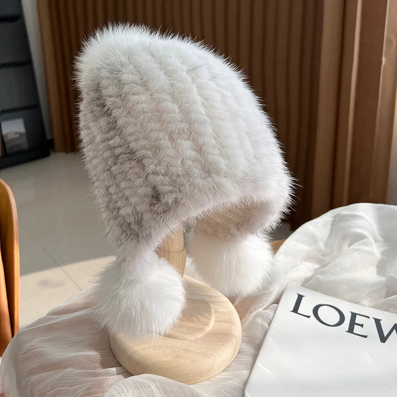 Knitted Fur Hat with Pom-Pom for Women, Warm Winter Hat with Ear Warmers, Spiral Pattern, Luxury Winter Accessory | Sansoti