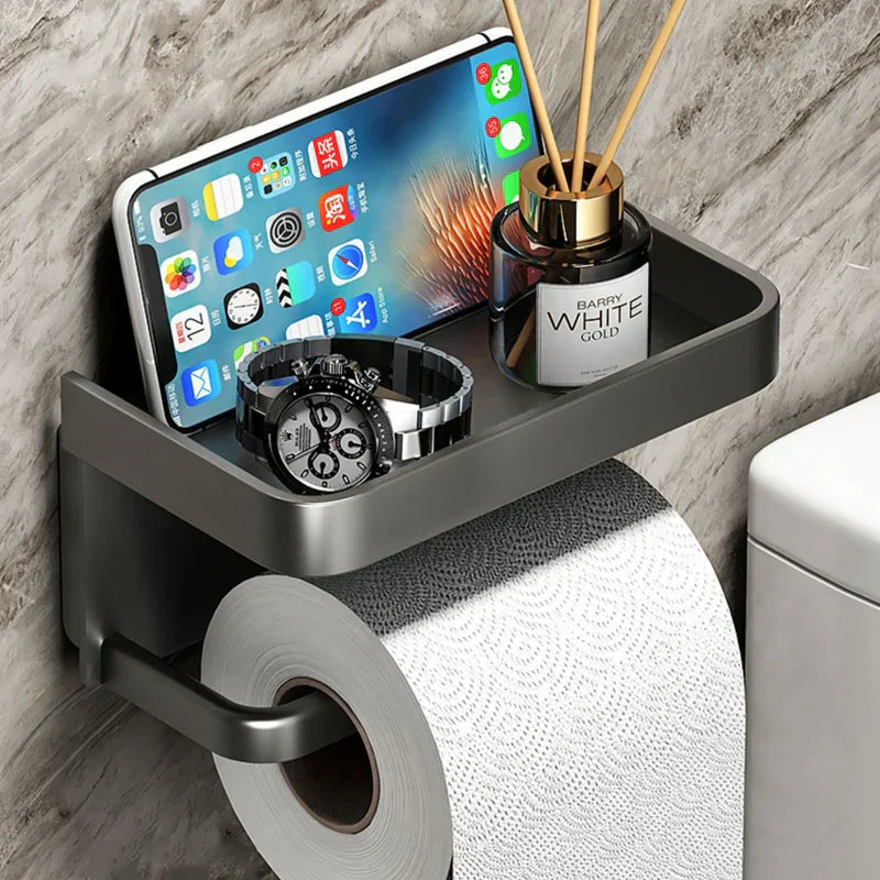 Toiletrolhouder Aluminium Zwart 18.3cm Met Plank Wandmontage Badkamer Telefoonhouder Opbergrek Modern Minimalistisch | Sansoti