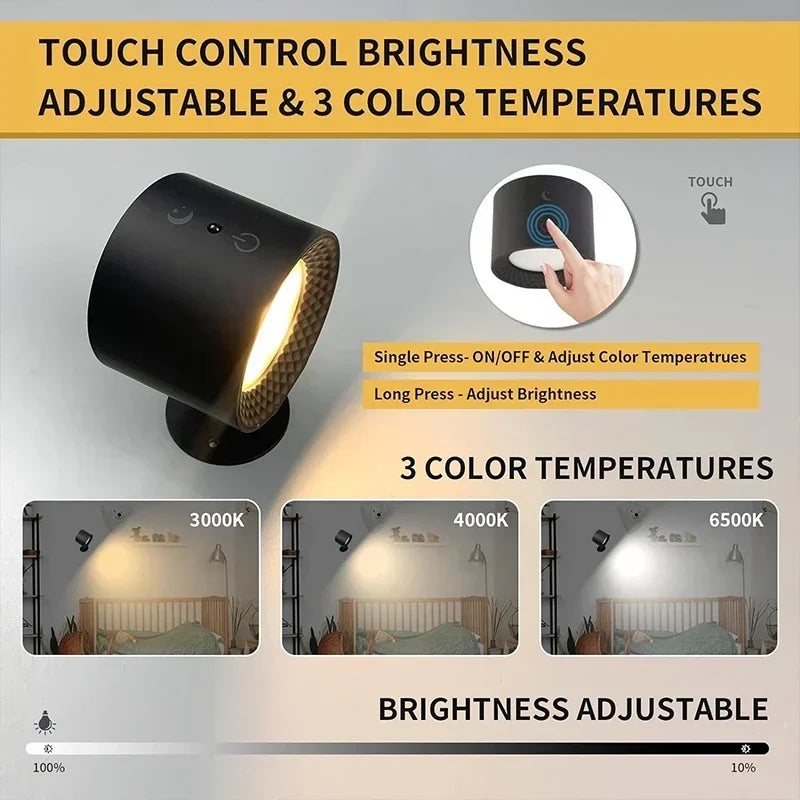 Draadloze Wandlamp Oplaadbaar met Touch Bediening 360° Draaibaar Magnetisch Leeslamp Nachtlampje Slaapkamer | Sansoti