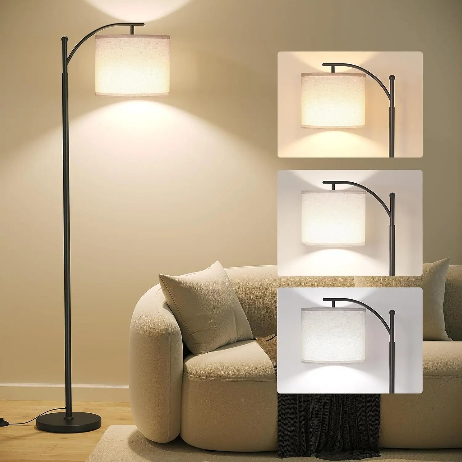 Boog Vloerlamp Met Stoffen Kap 3 Lichtkleuren LED Modern Woonkamer | Sansoti