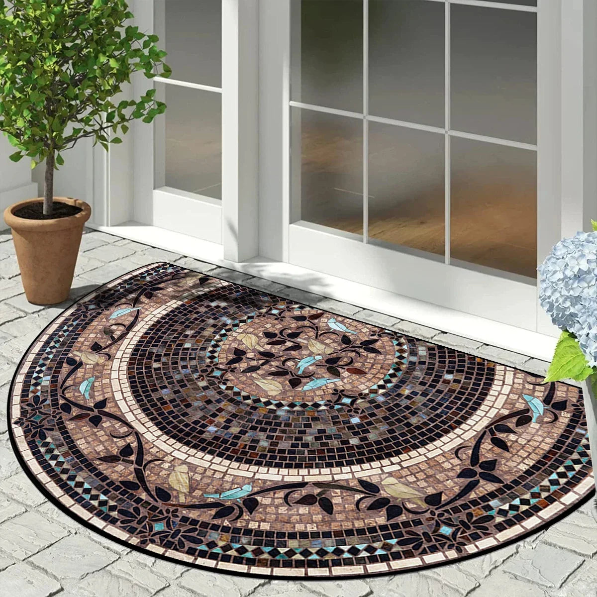 Paillasson semi-circulaire Motif mosaïque vintage Antidérapant extérieur Balcon Entrée Véranda Terrasse 60x90cm Résistant aux intempéries | Sansoti
