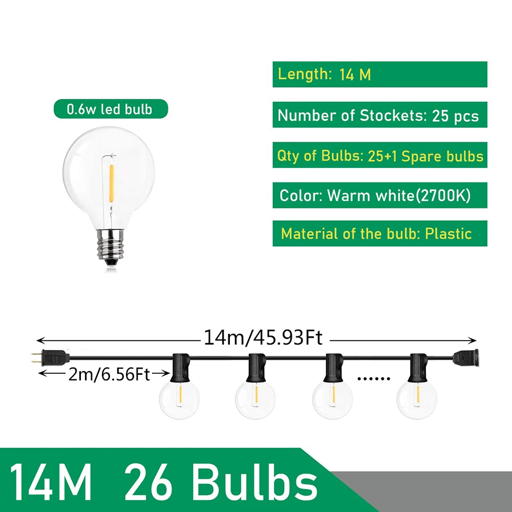 G40 LED String Lights Garden Lighting Warm White 9-26m Party Lighting Outdoor Ambient Lights Patio Garden | Sansoti